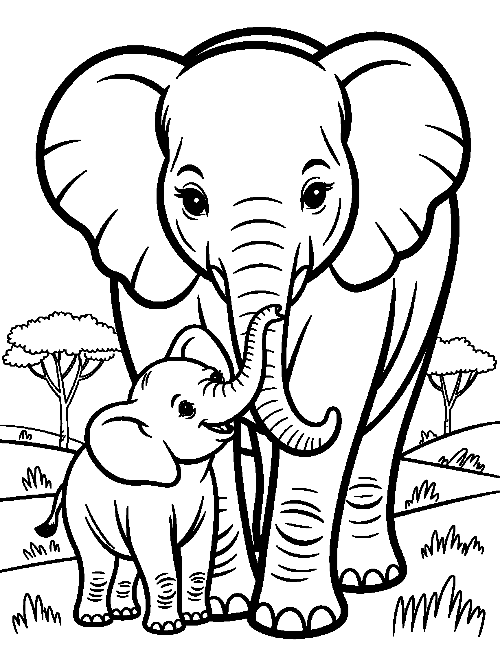 A baby elephant with its mother - a free printable animal coloring page