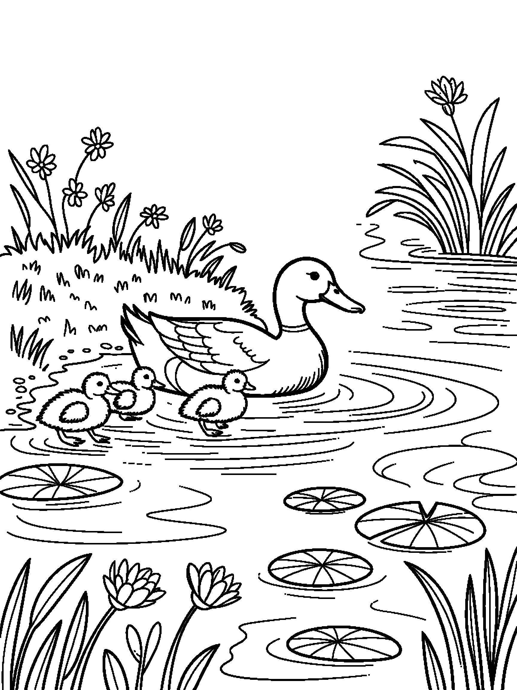 A mother duck leading three ducklings past a pond - a free printable animal coloring page