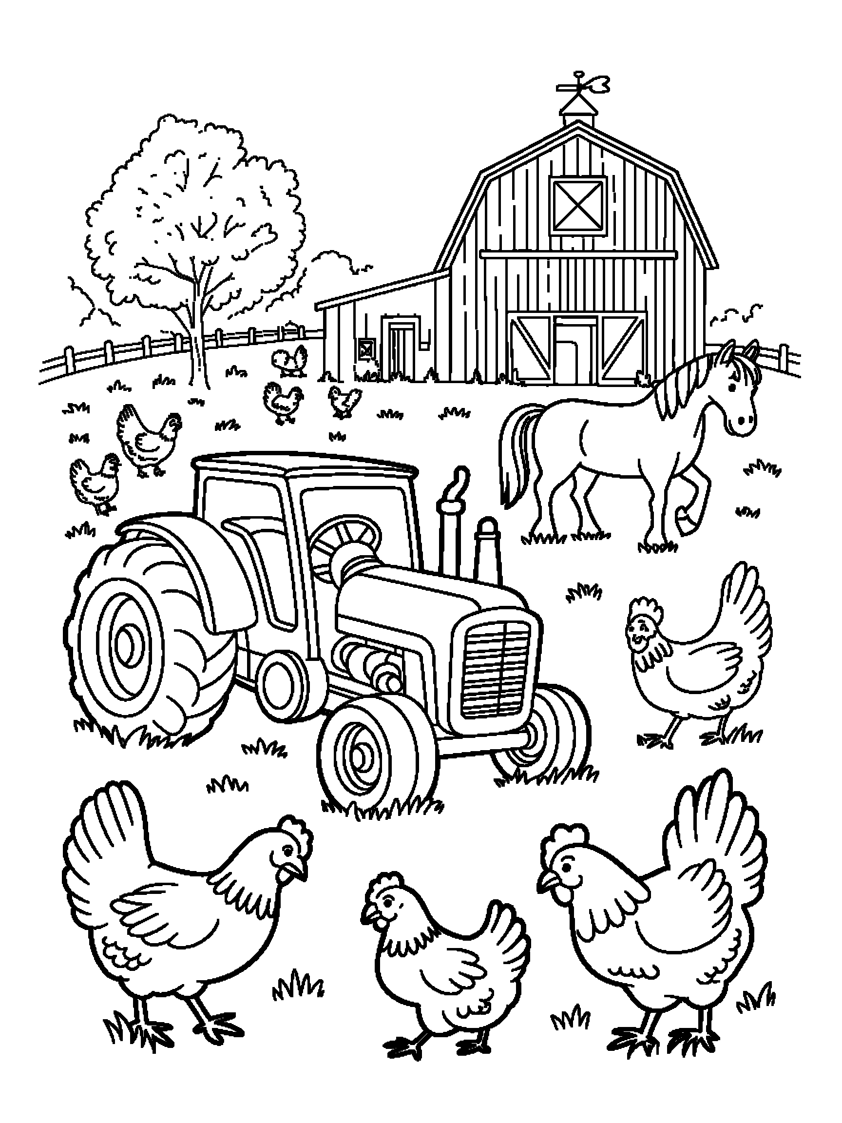 A farmyard with a barn, a tractor, chickens and a horse - a free printable animal coloring page