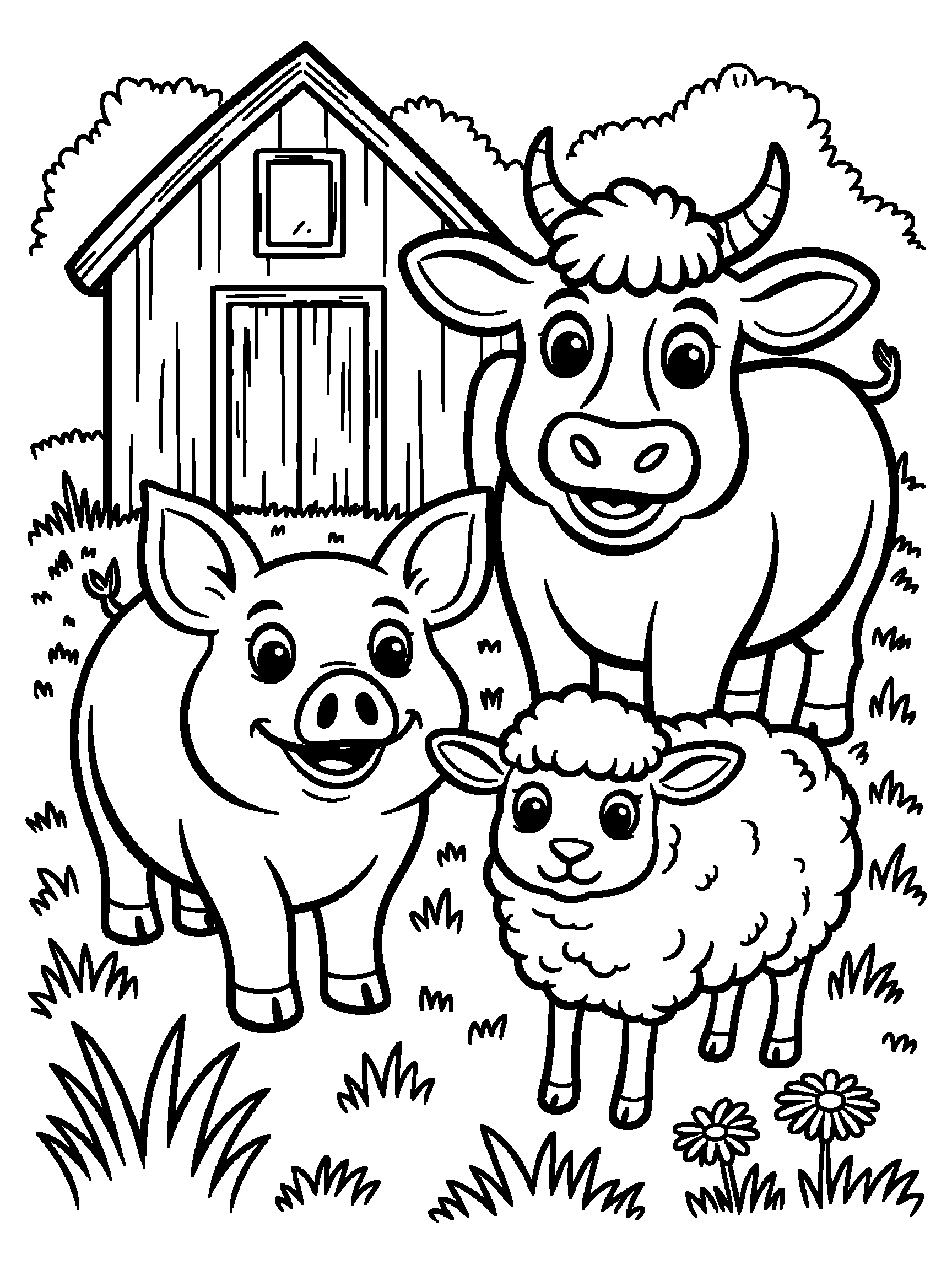 A pig, a cow and a sheep by the barn - a free printable animal coloring page