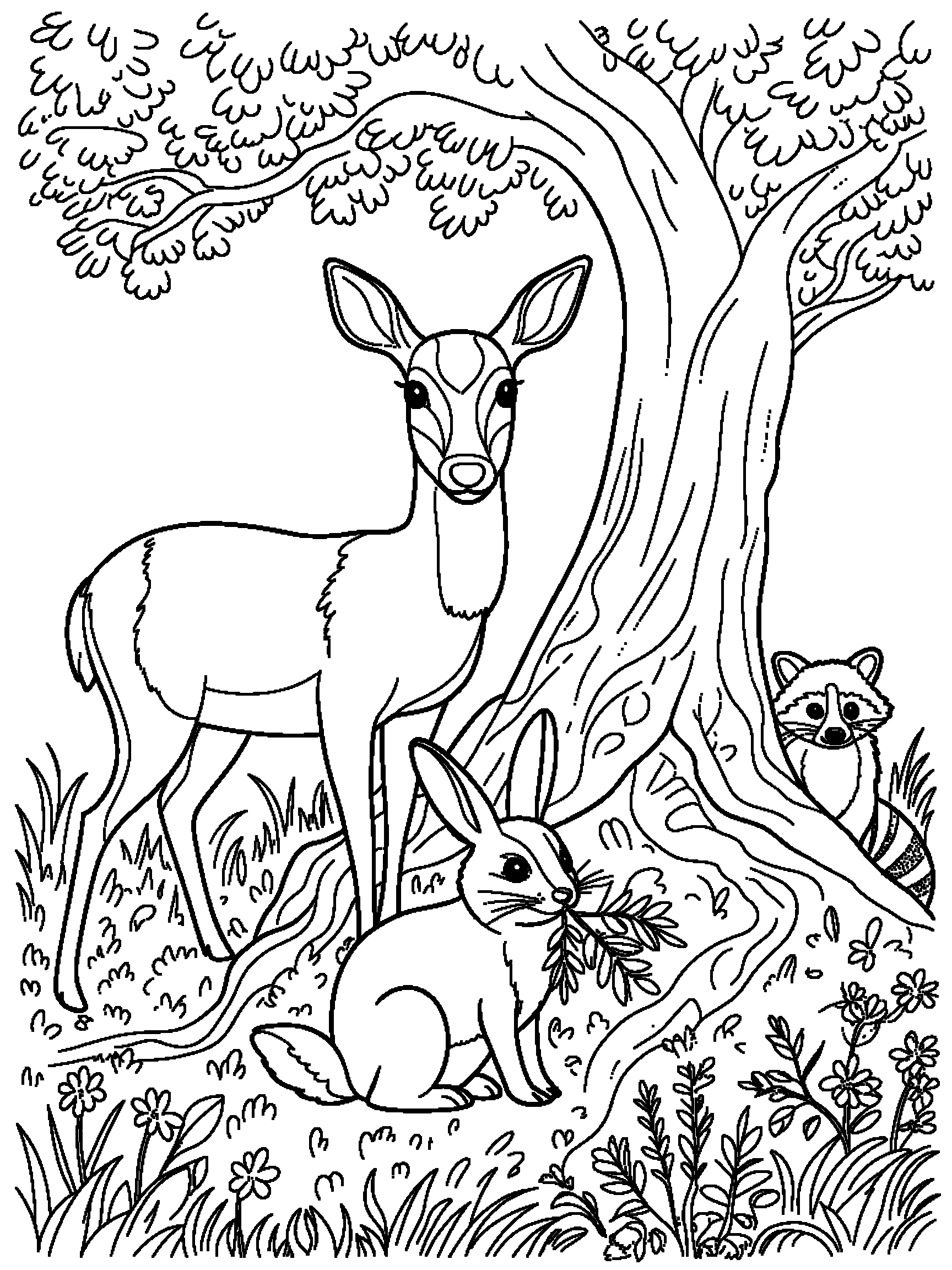 A deer, a rabbit and a raccoon beside a big tree - a free printable animal coloring page