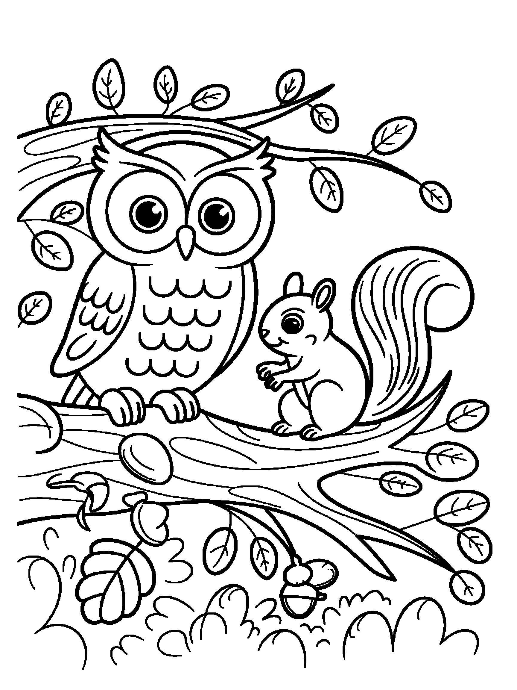 An owl on a branch with a squirrel - a free printable animal coloring page