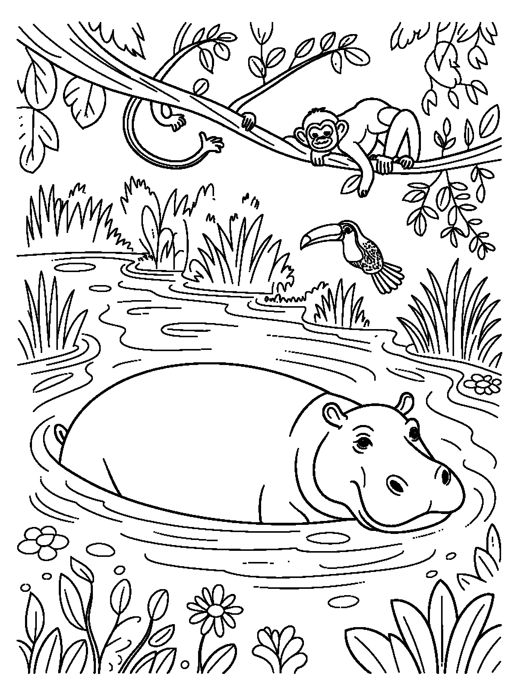 A hippo in the river with a monkey and a toucan on a branch above - a free printable animal coloring page