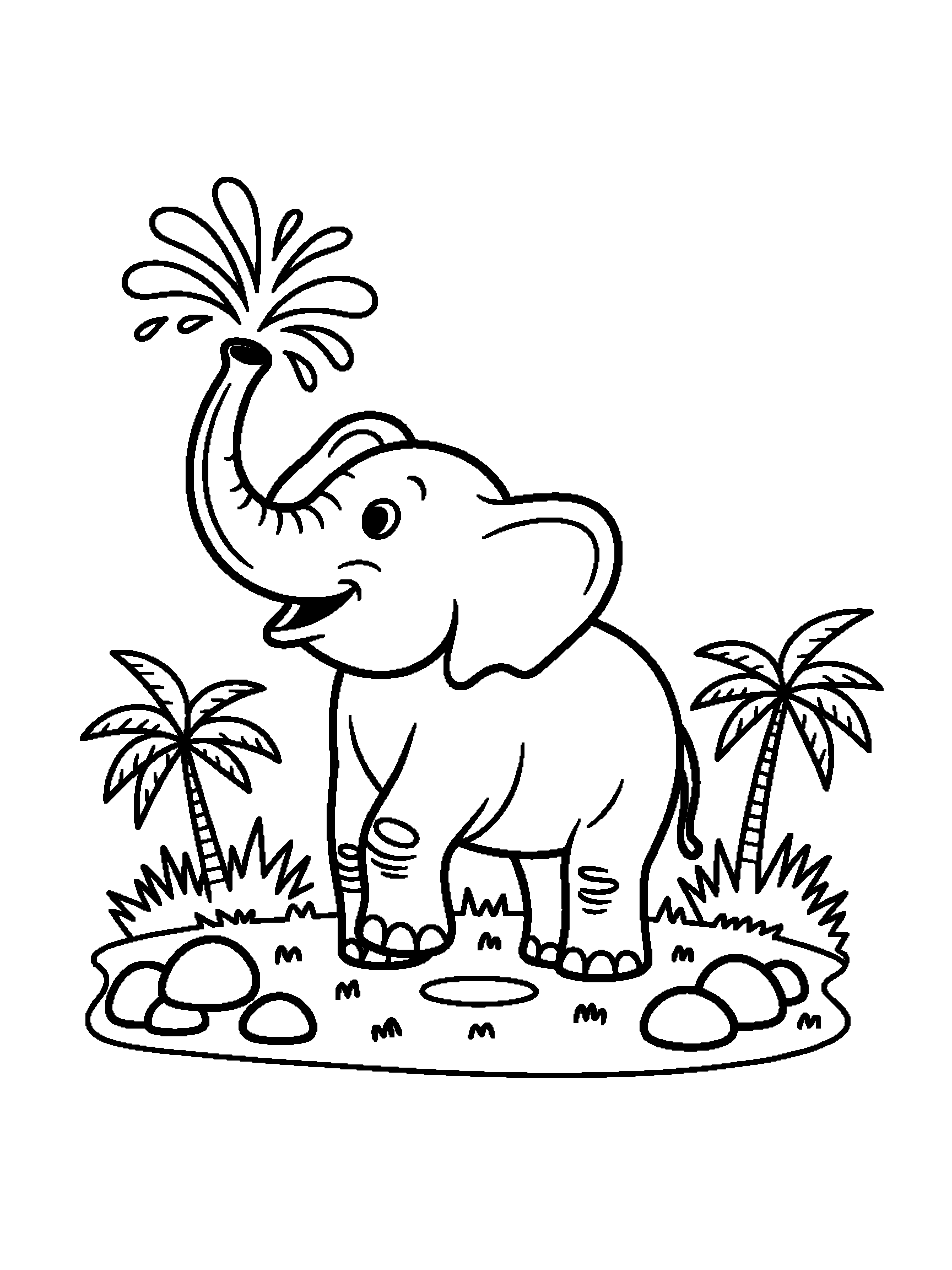 An elephant spraying water with its trunk - a free printable animal coloring page