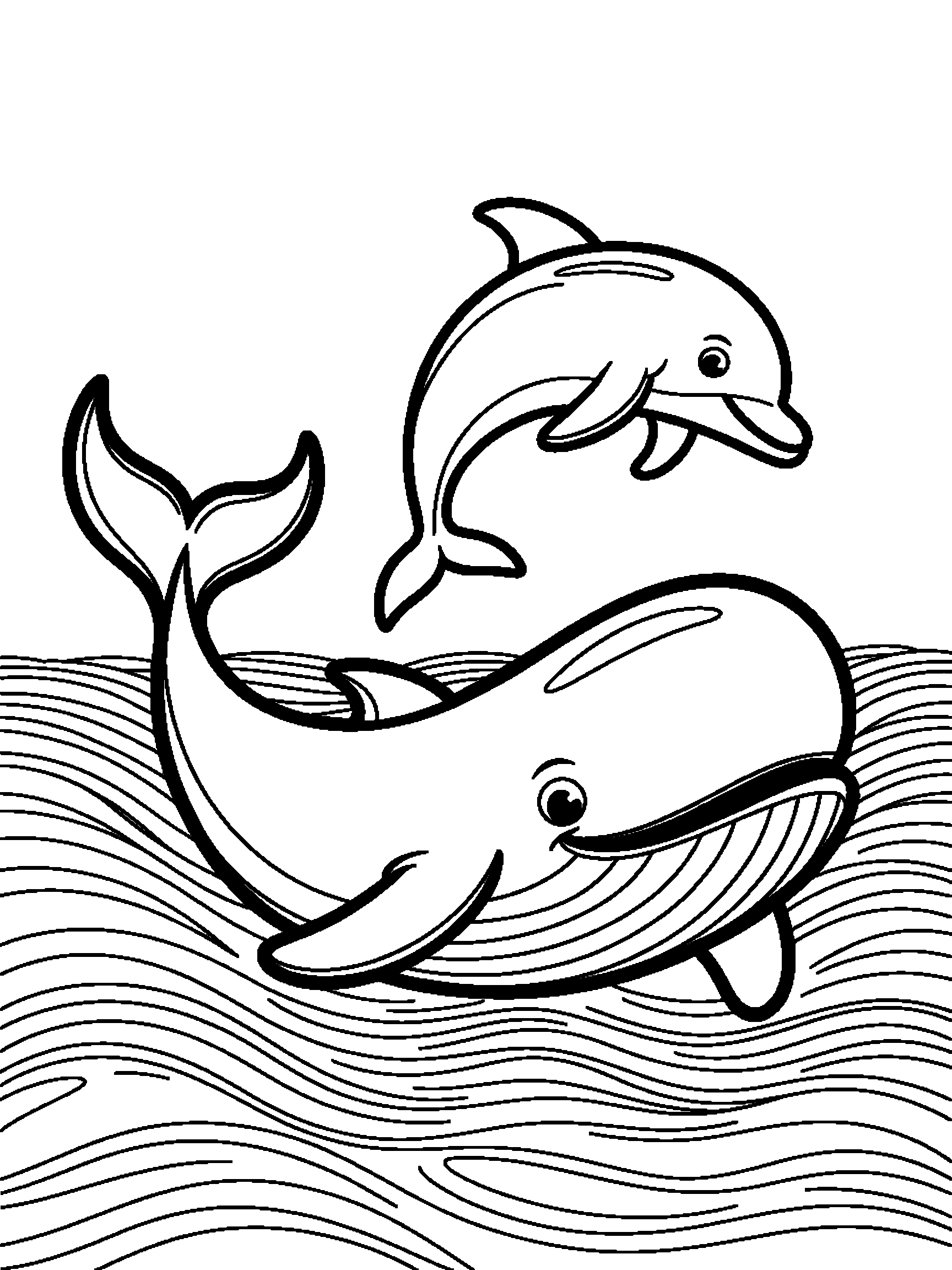 A whale and a dolphin jumping in the waves - a free printable animal coloring page