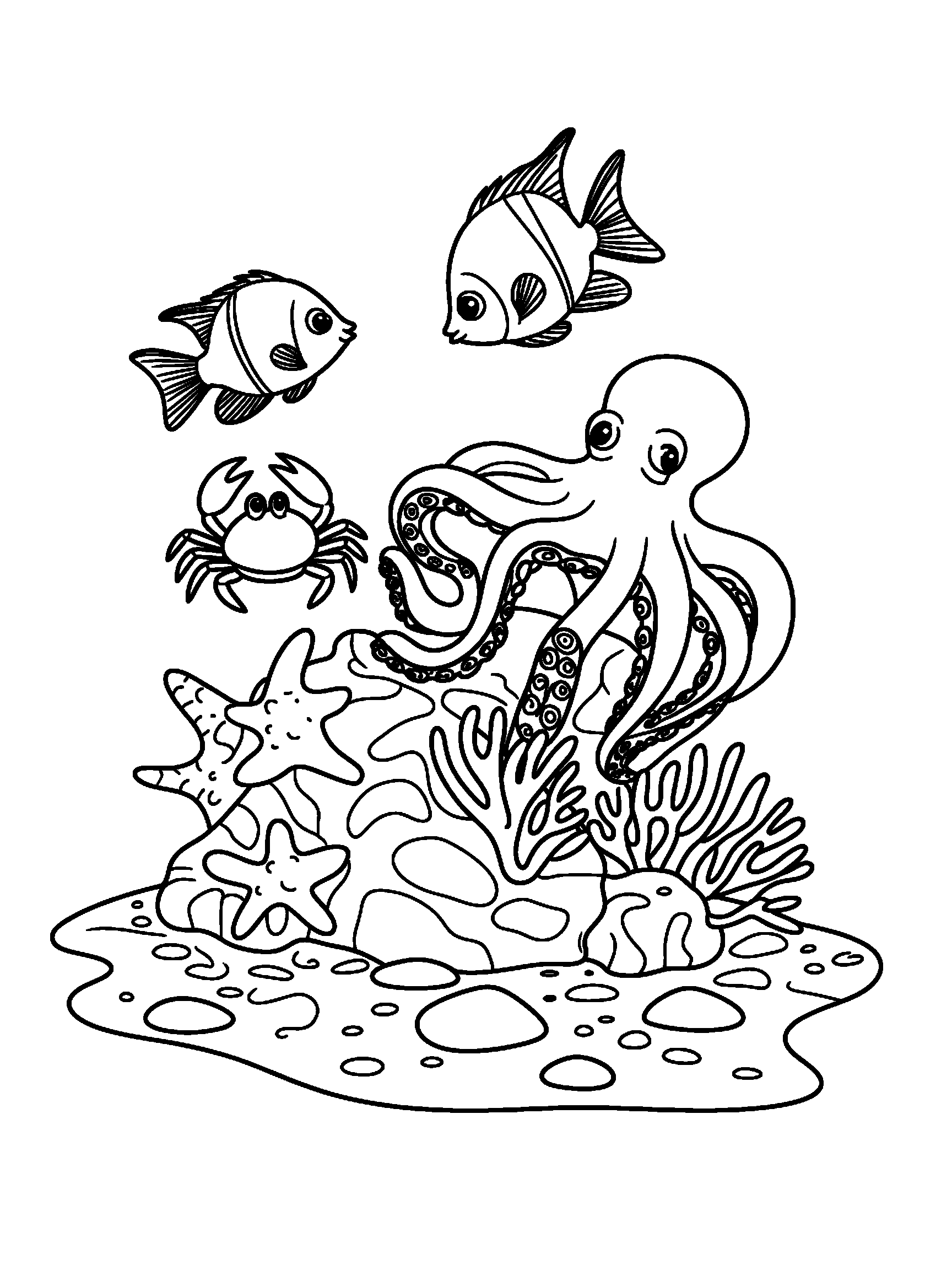 An octopus, a crab, a starfish and two fish around a coral rock on the sea floor - a free printable animal coloring page
