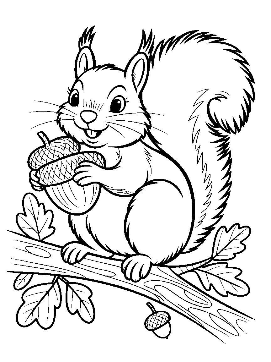 A squirrel with an armful of acorns - a free printable autumn coloring page