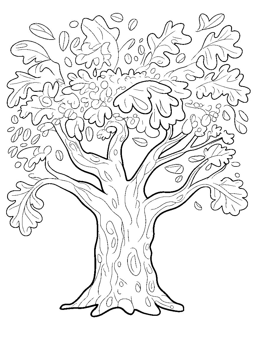 A big oak tree with a thick trunk and falling leaves - a free printable autumn coloring page