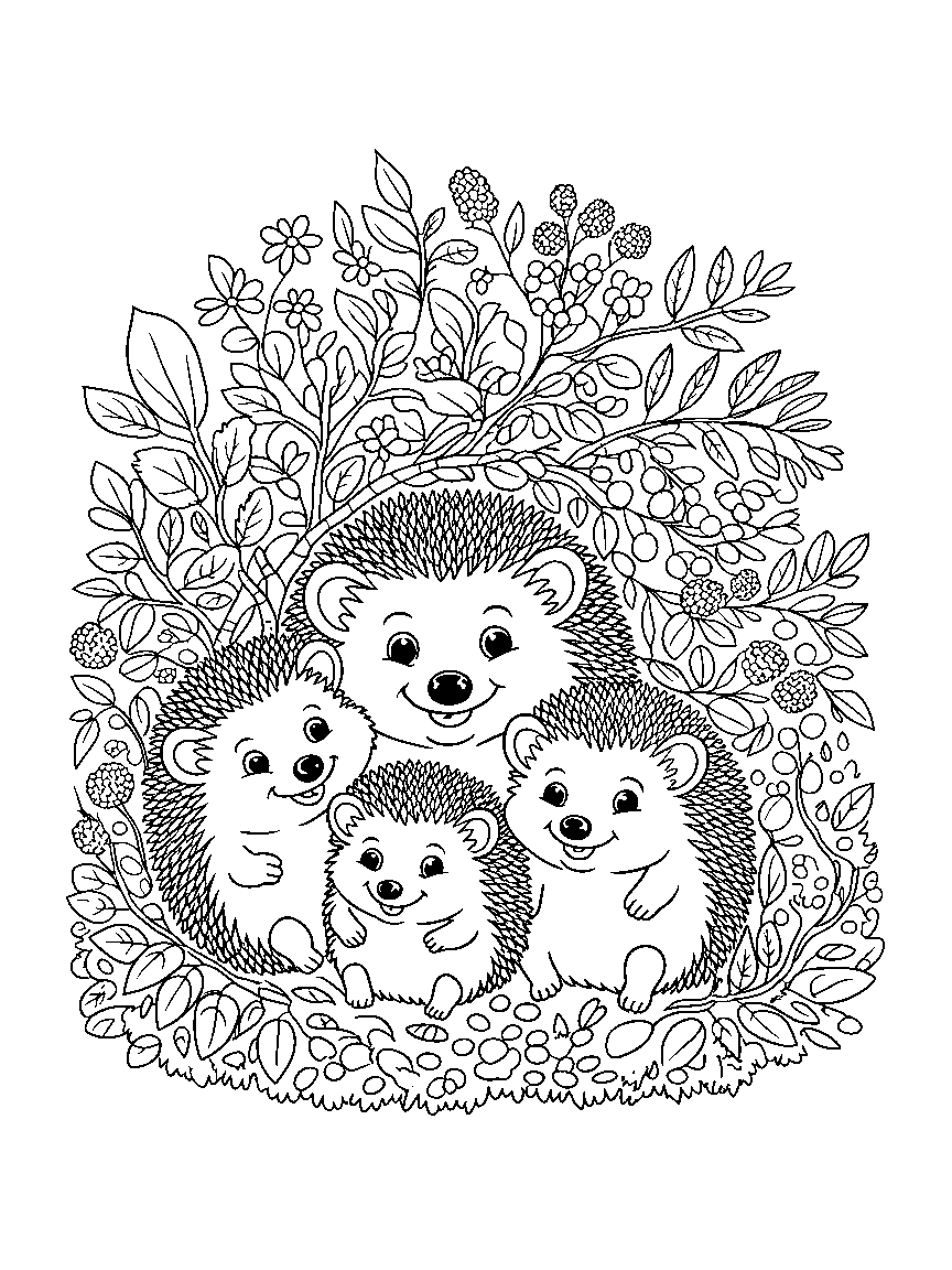 A hedgehog family under the woodland hedge - a free printable autumn coloring page