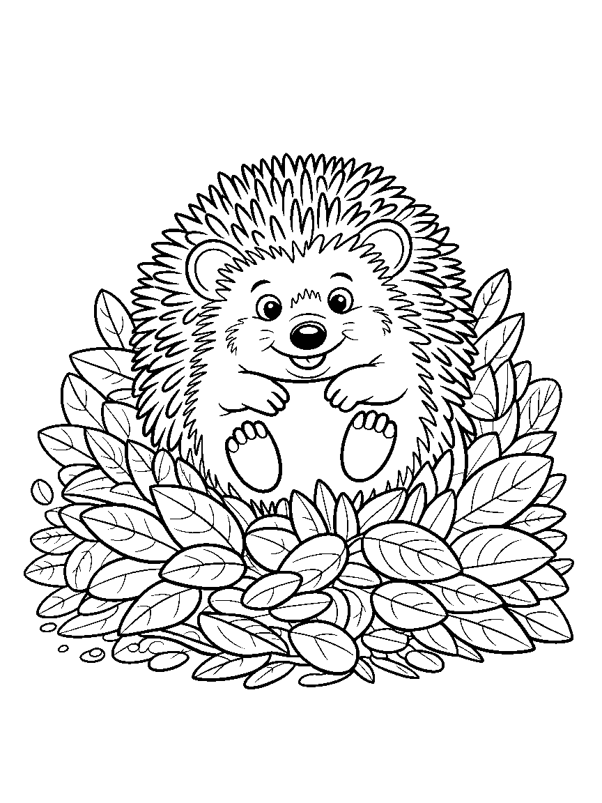 A hedgehog in the leaf pile - a free printable autumn coloring page