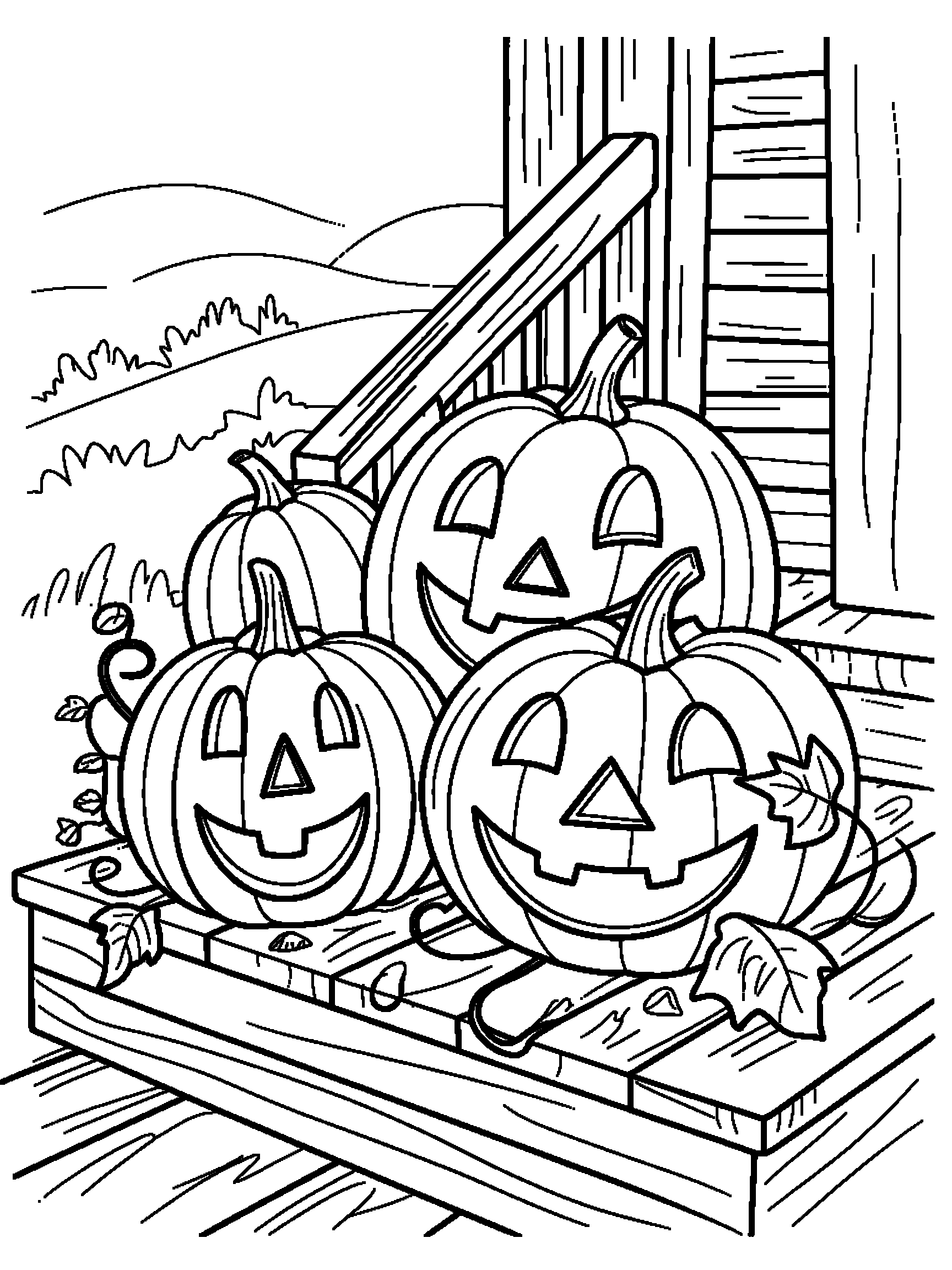 Pumpkins on the porch step - a free printable autumn coloring page