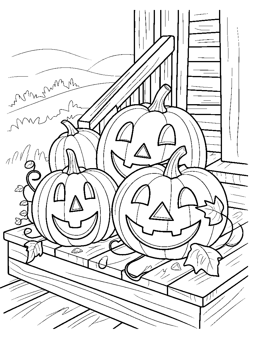 Pumpkins on the porch step - a free printable autumn coloring page