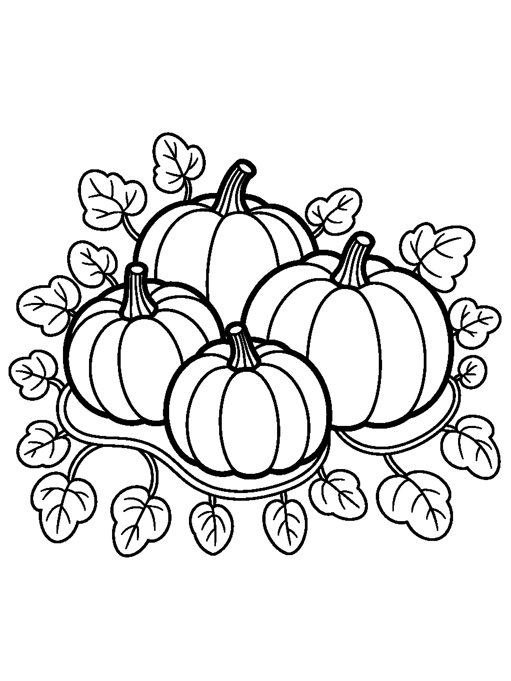 Three pumpkins on the vine with big leaves - a free printable autumn coloring page