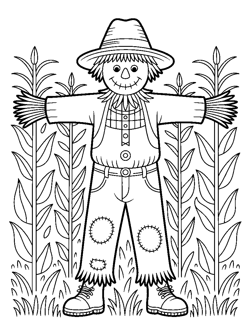 A scarecrow in the cornfield at harvest - a free printable autumn coloring page
