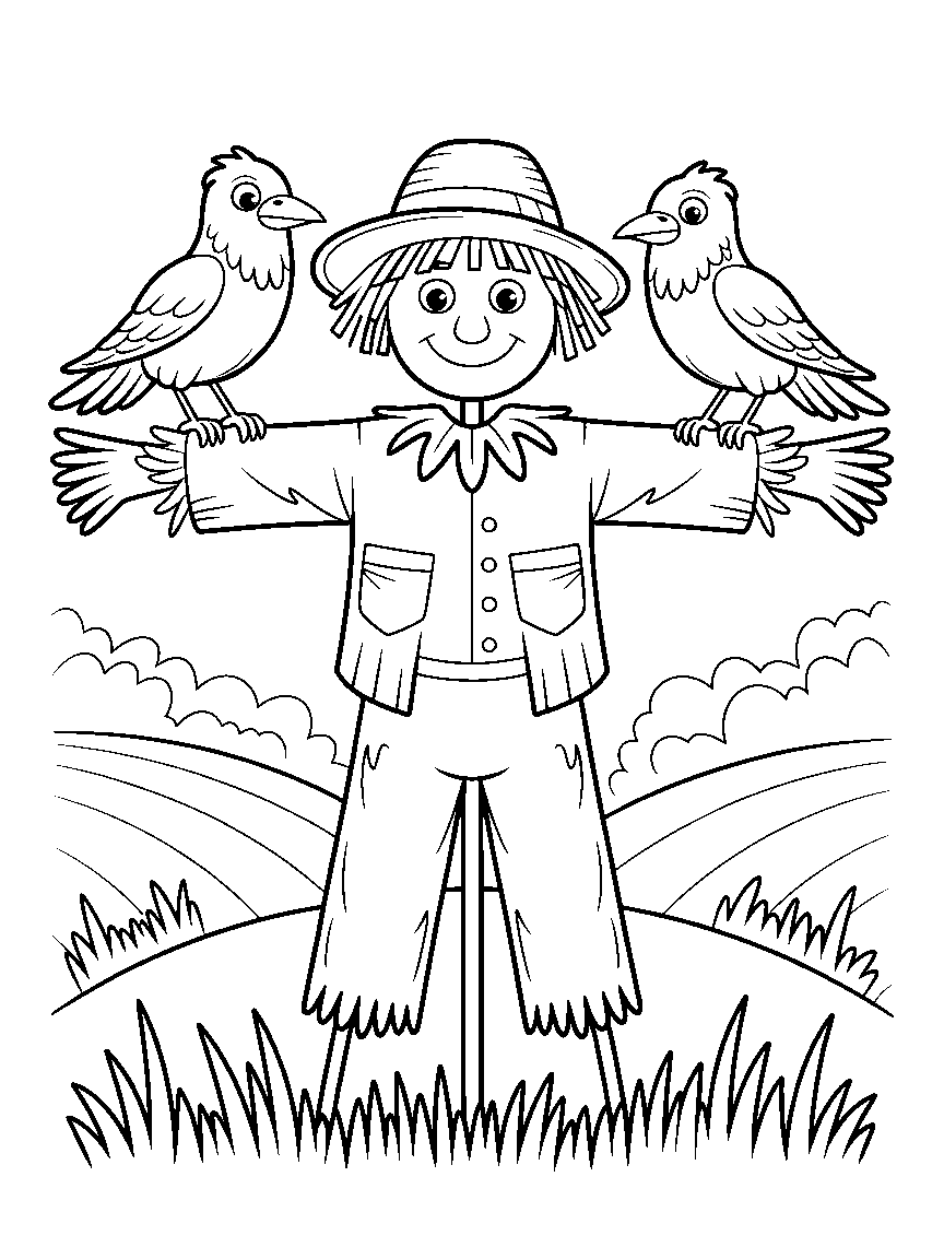 The scarecrow and two curious crows - a free printable autumn coloring page
