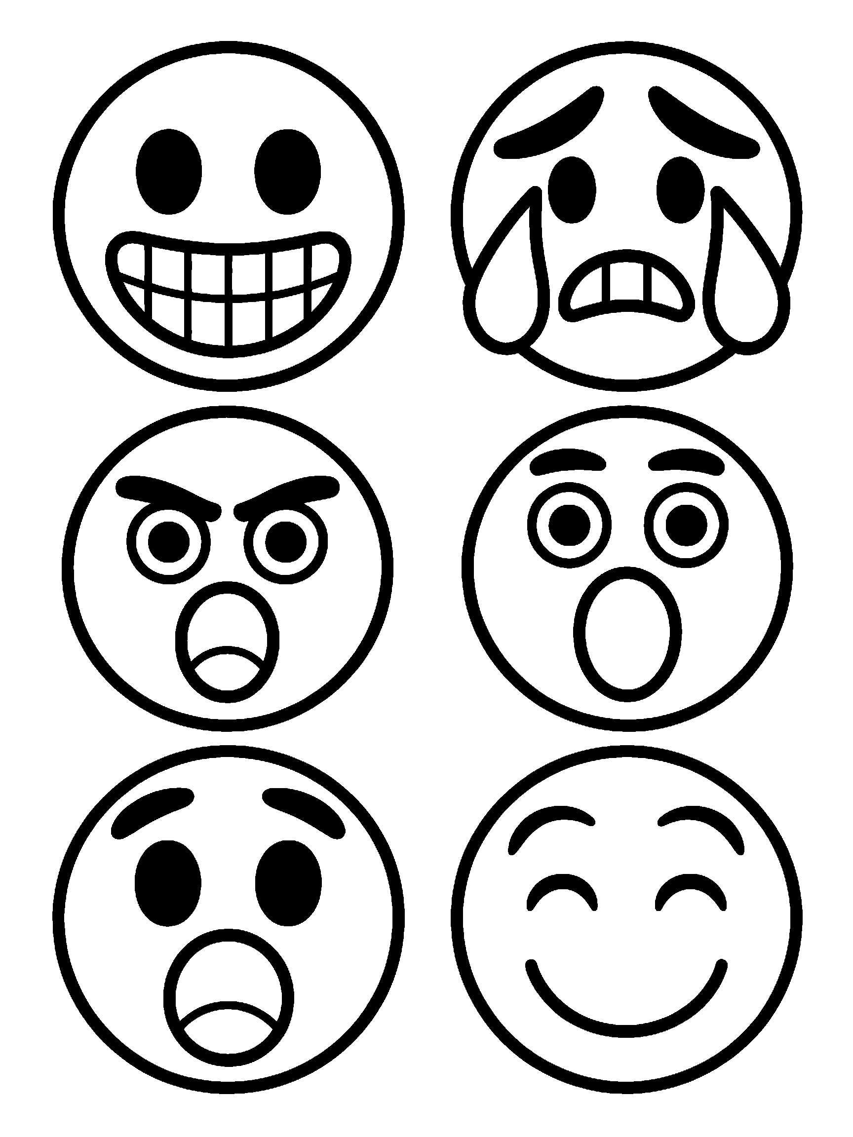 A printable feelings chart coloring page with six emoji faces showing happy, sad, angry, scared, surprised and calm