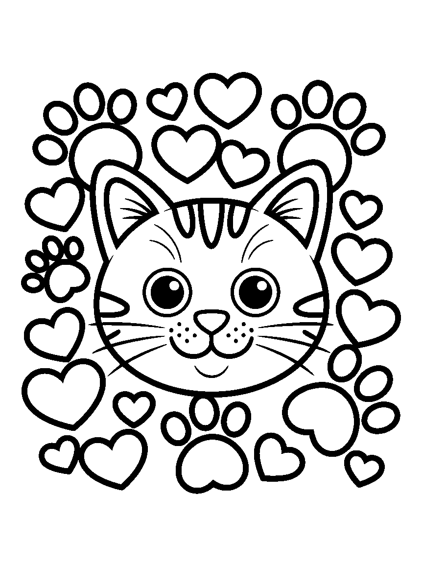 A cat face surrounded by paw prints and hearts - a free printable cats coloring page