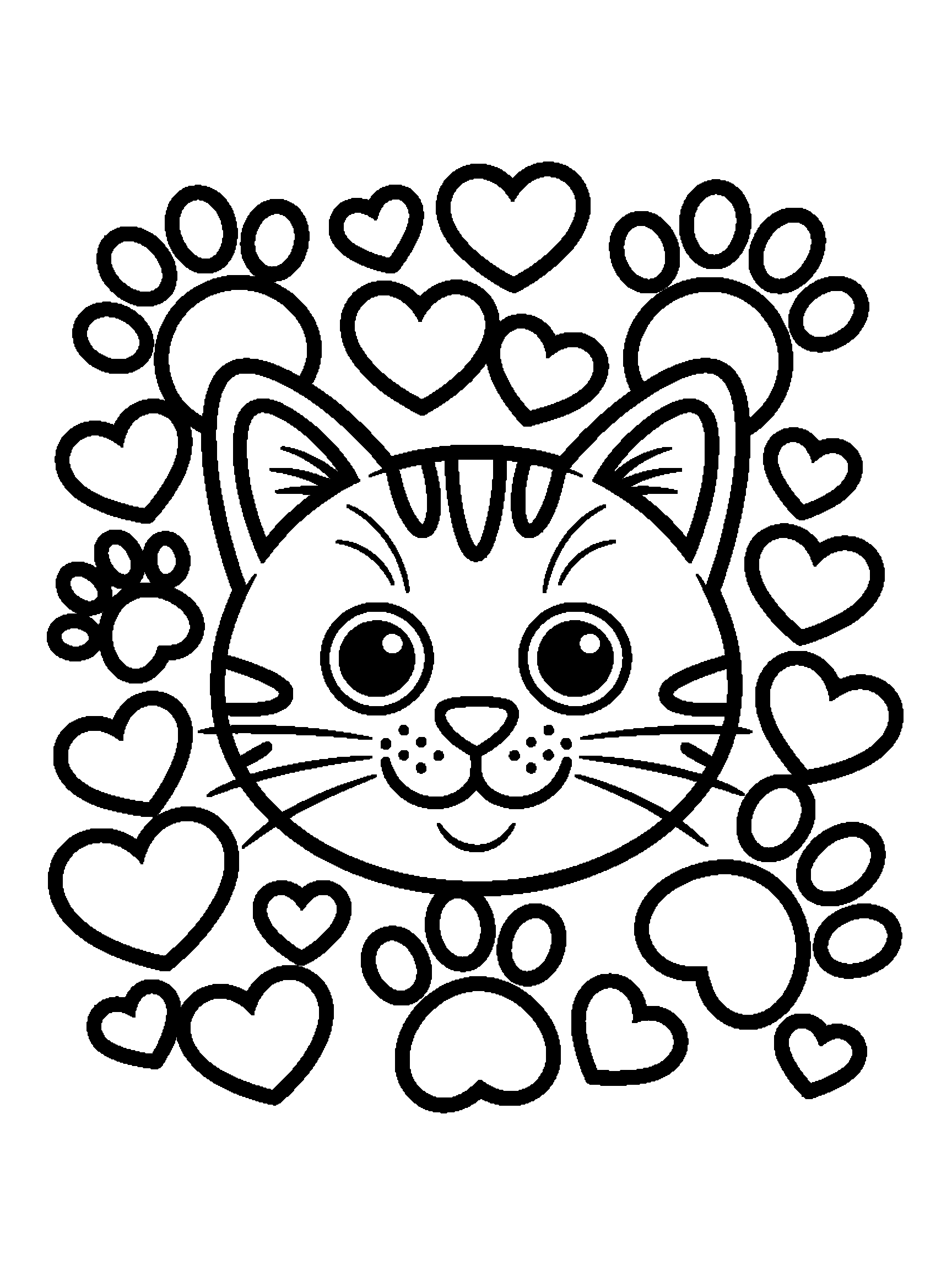 פרצוף חתול מוקף טביעות כפות ולבבות - דף צביעה להדפסה חינם