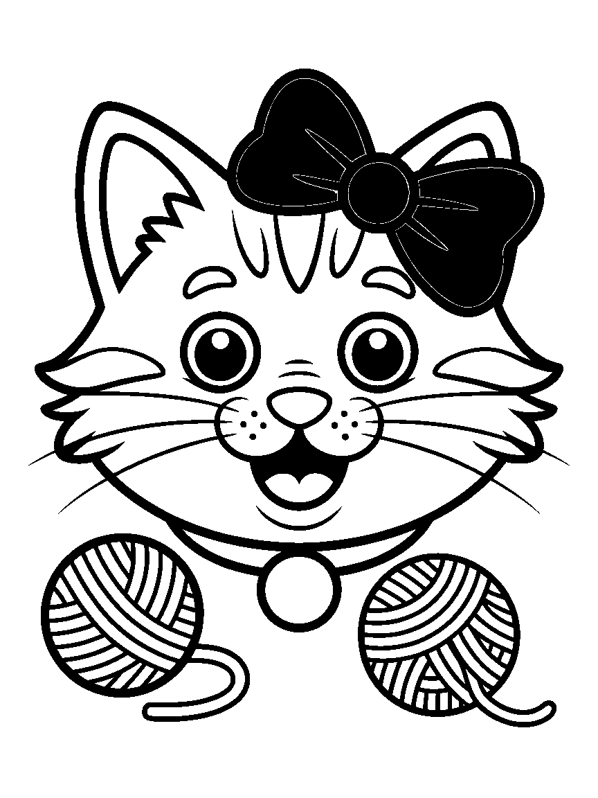 A smiling cat face with a bow - a free printable cats coloring page