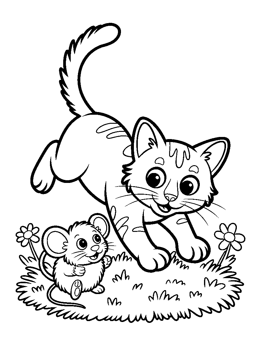 A cat pouncing on a toy mouse - a free printable cats coloring page