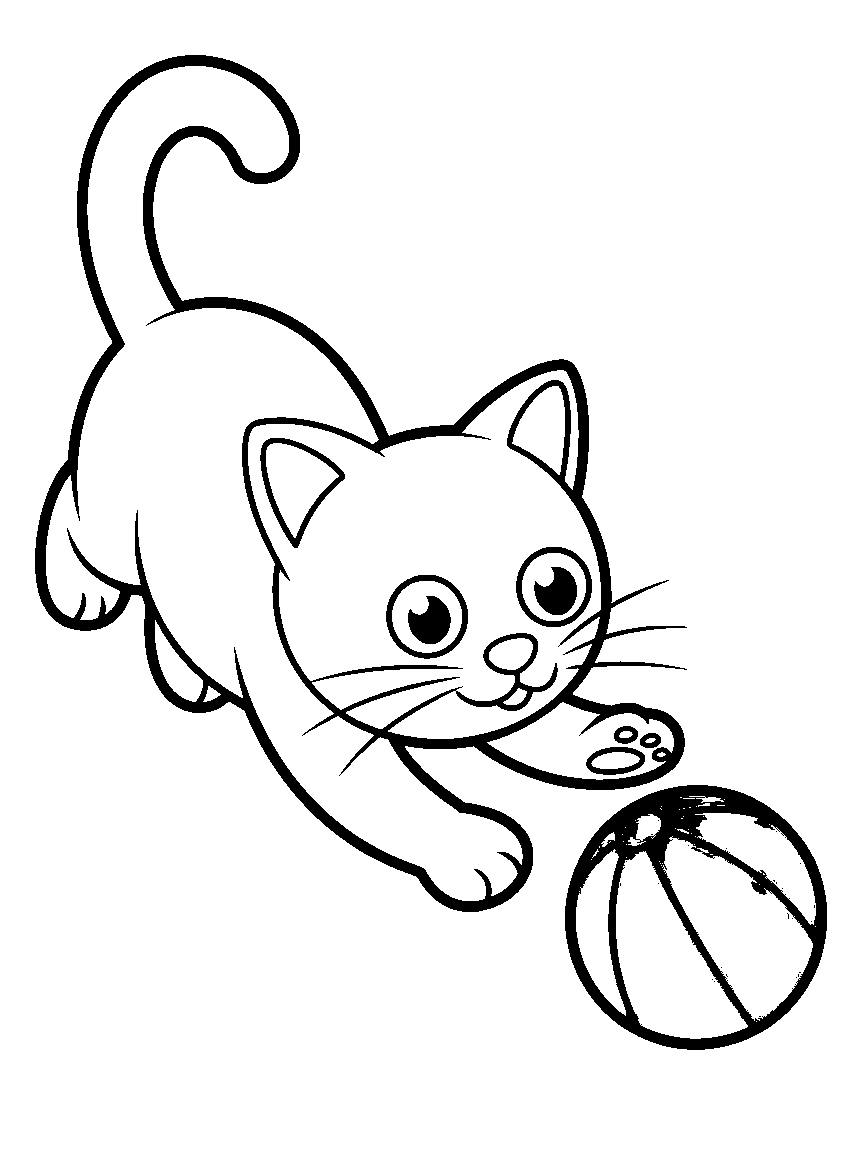 One cat chasing a ball - a free printable cats coloring page