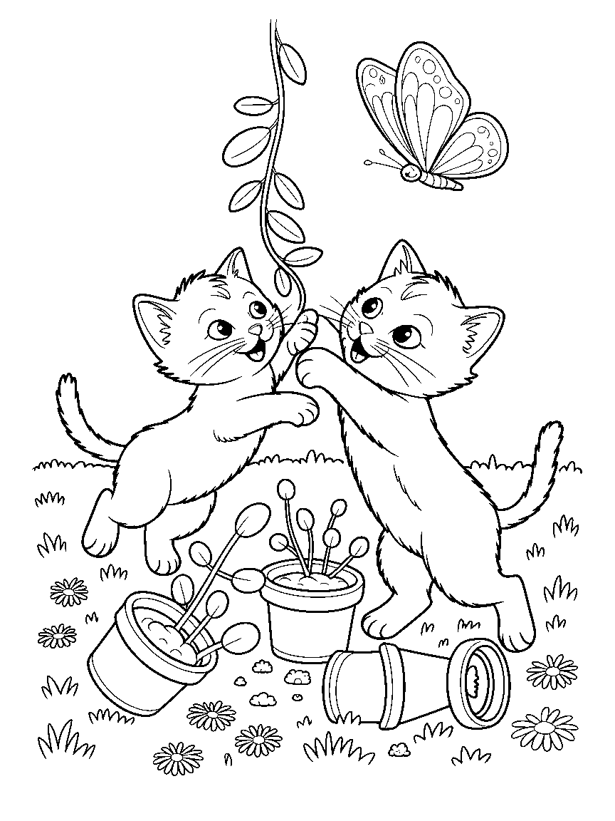 Two cats playing among knocked-over plants - a free printable cats coloring page