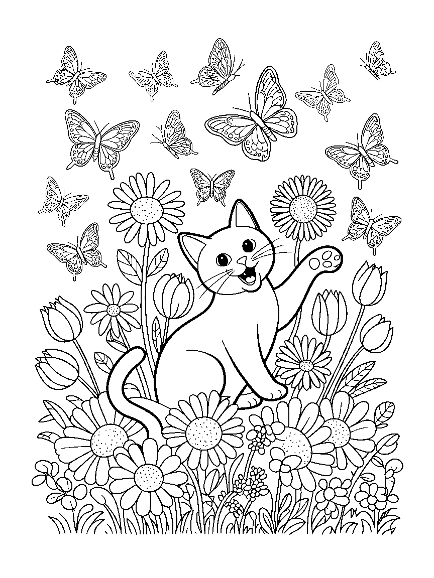 A cat surrounded by flowers and butterflies - a free printable cats coloring page