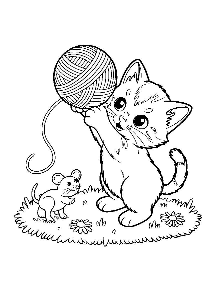 A kitten playing with a ball of wool - a free printable cats coloring page