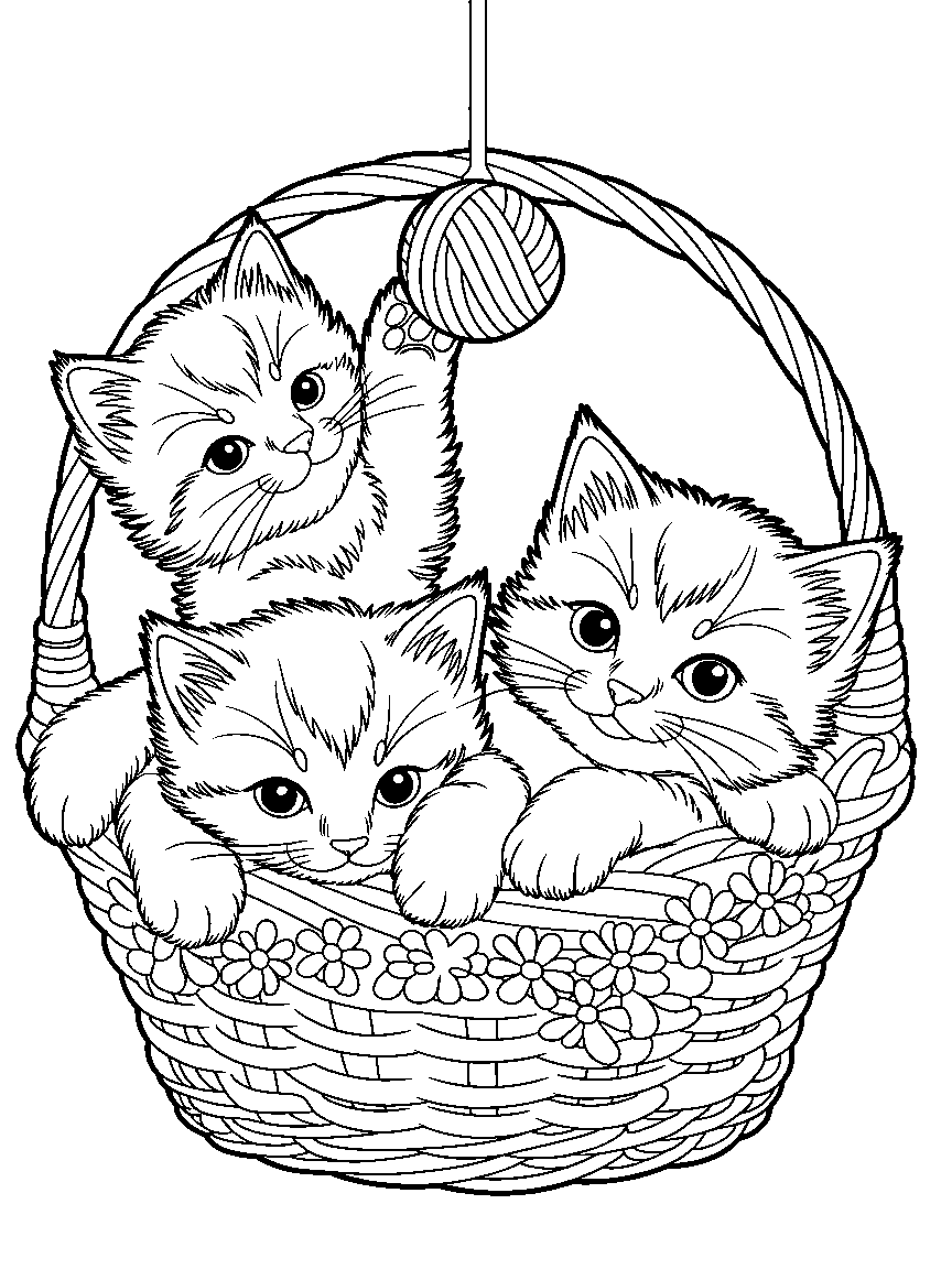 Three kittens in a basket - a free printable cats coloring page