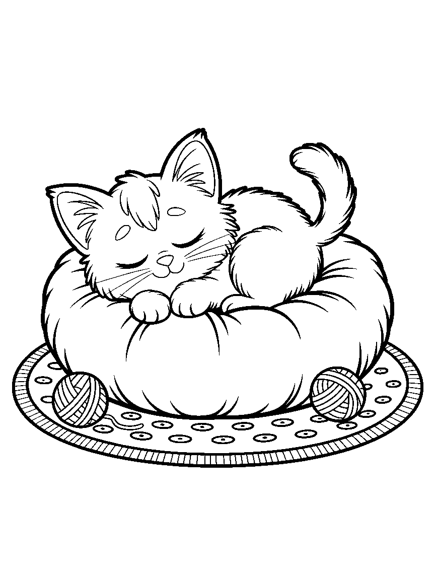 A cat asleep on a cushion - a free printable cats coloring page
