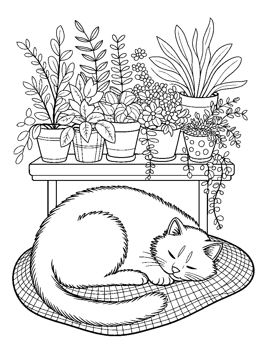 A cat asleep on a windowsill with plants - a free printable cats coloring page