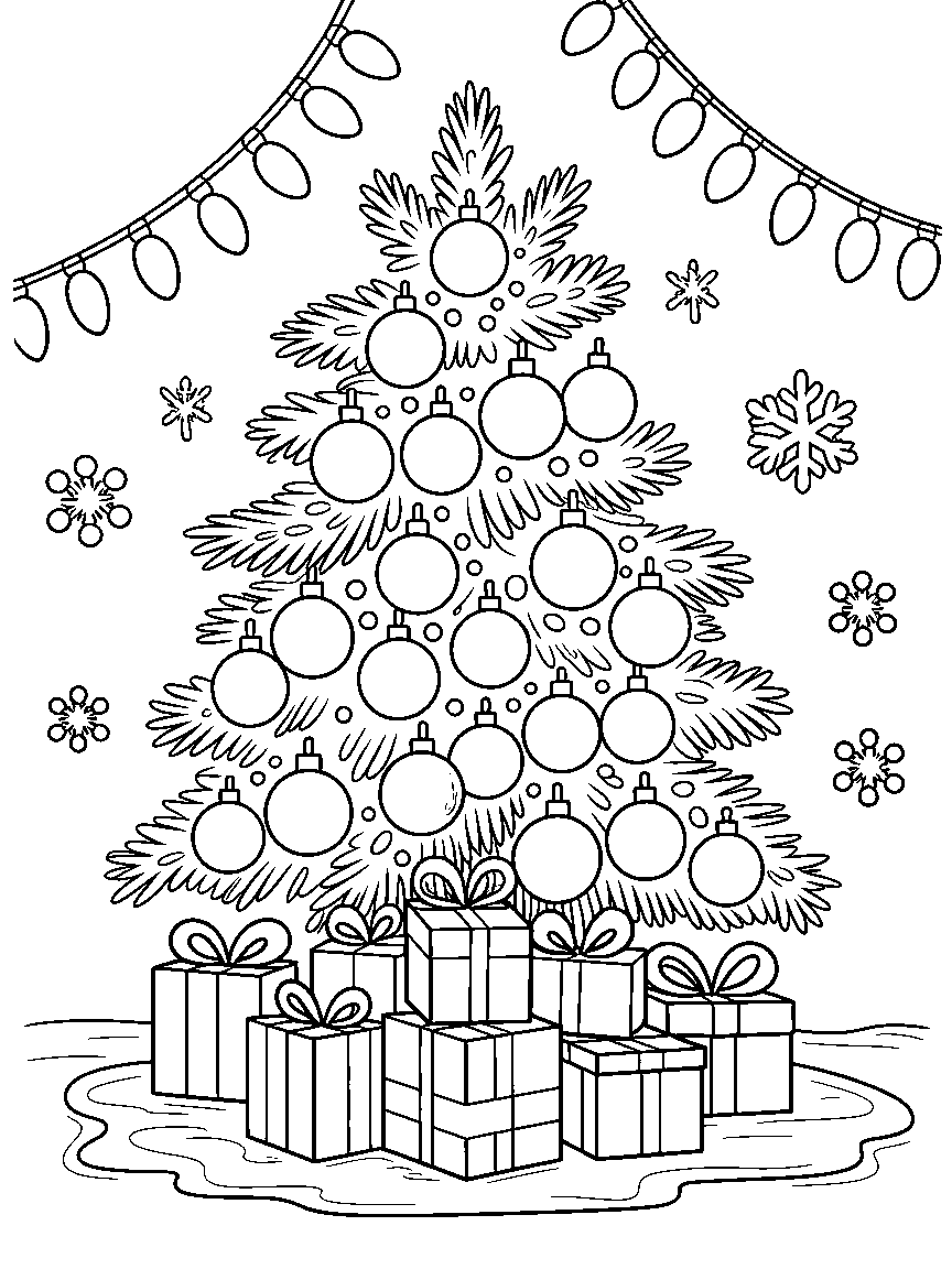 A Christmas tree with round baubles and a pile of gifts - a free printable christmas coloring page