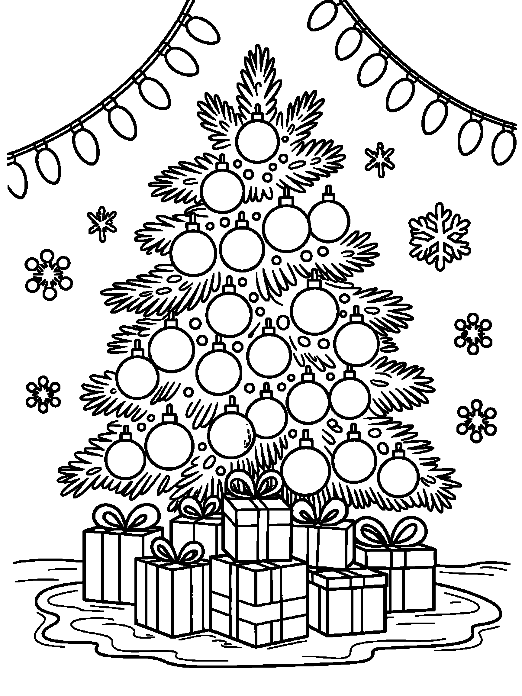 A Christmas tree with round baubles and a pile of gifts - a free printable christmas coloring page