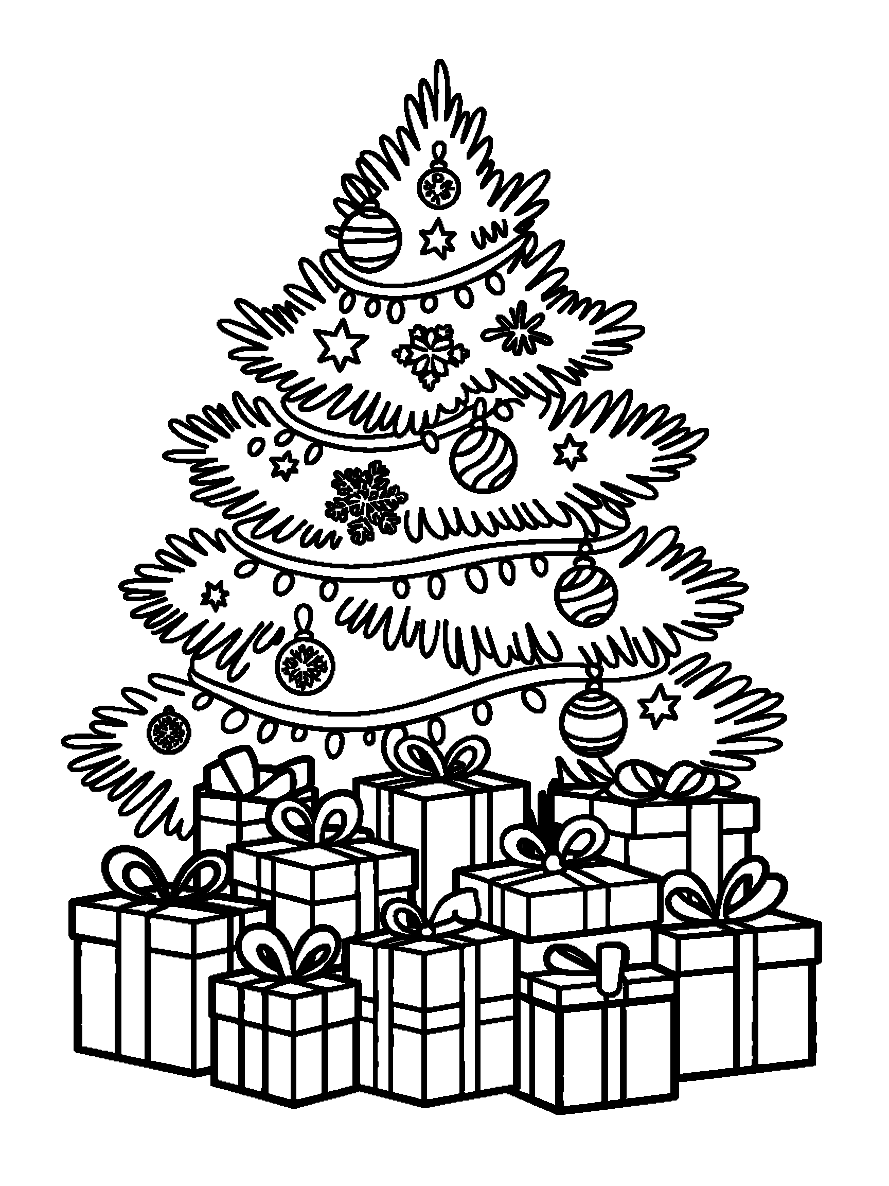 A decorated tree with presents underneath - a free printable christmas coloring page
