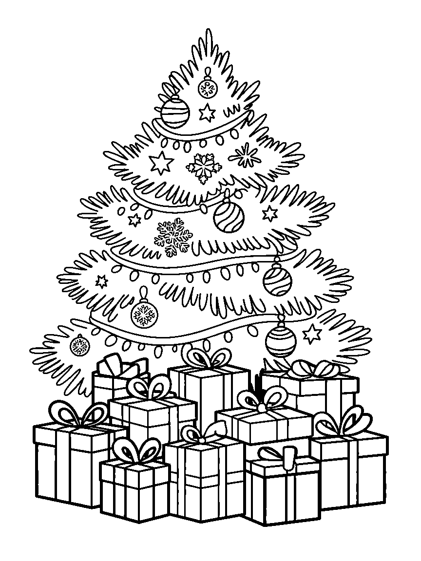 A decorated tree with presents underneath - a free printable christmas coloring page