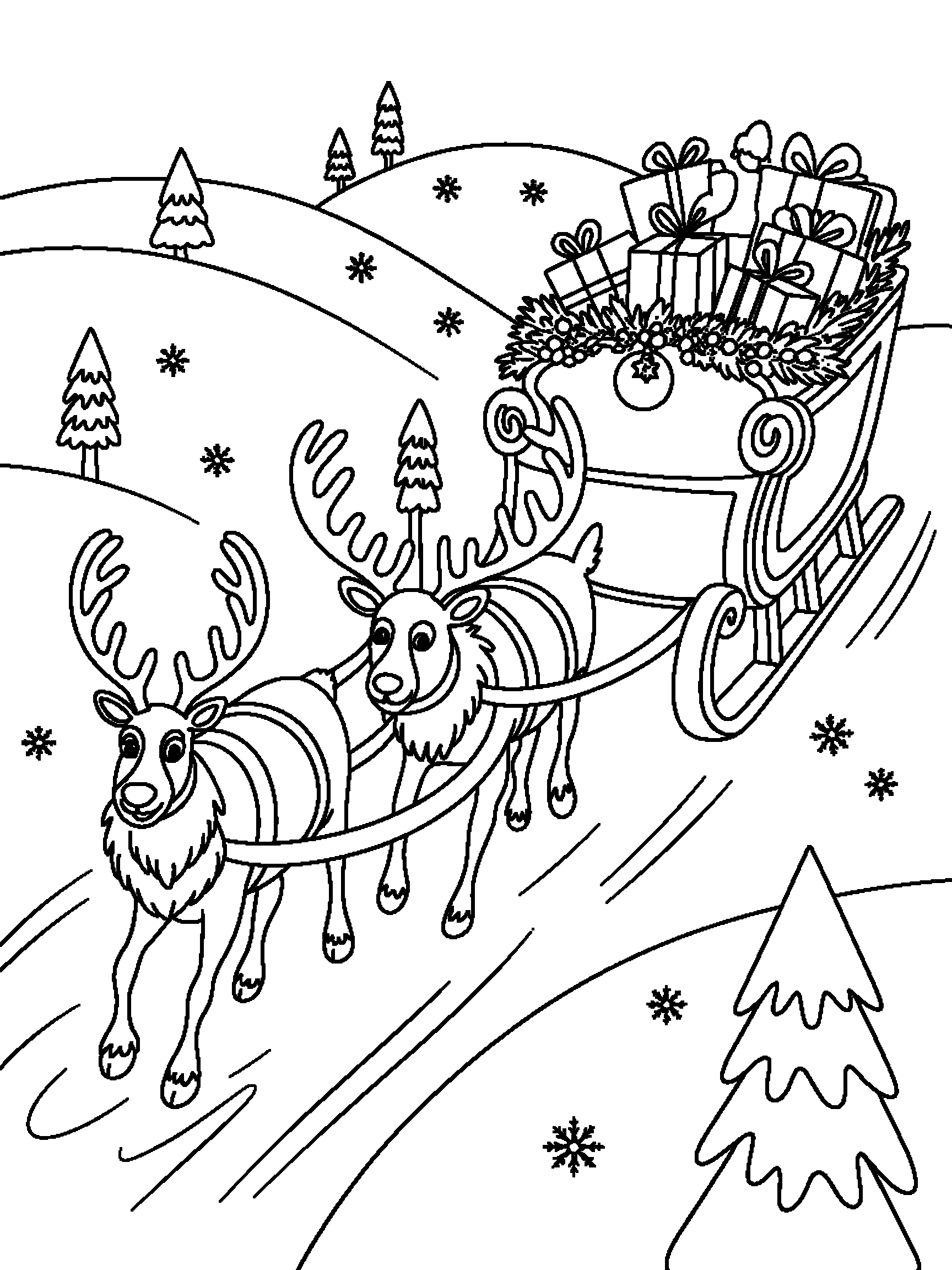 Reindeer pulling a loaded sleigh - a free printable christmas coloring page