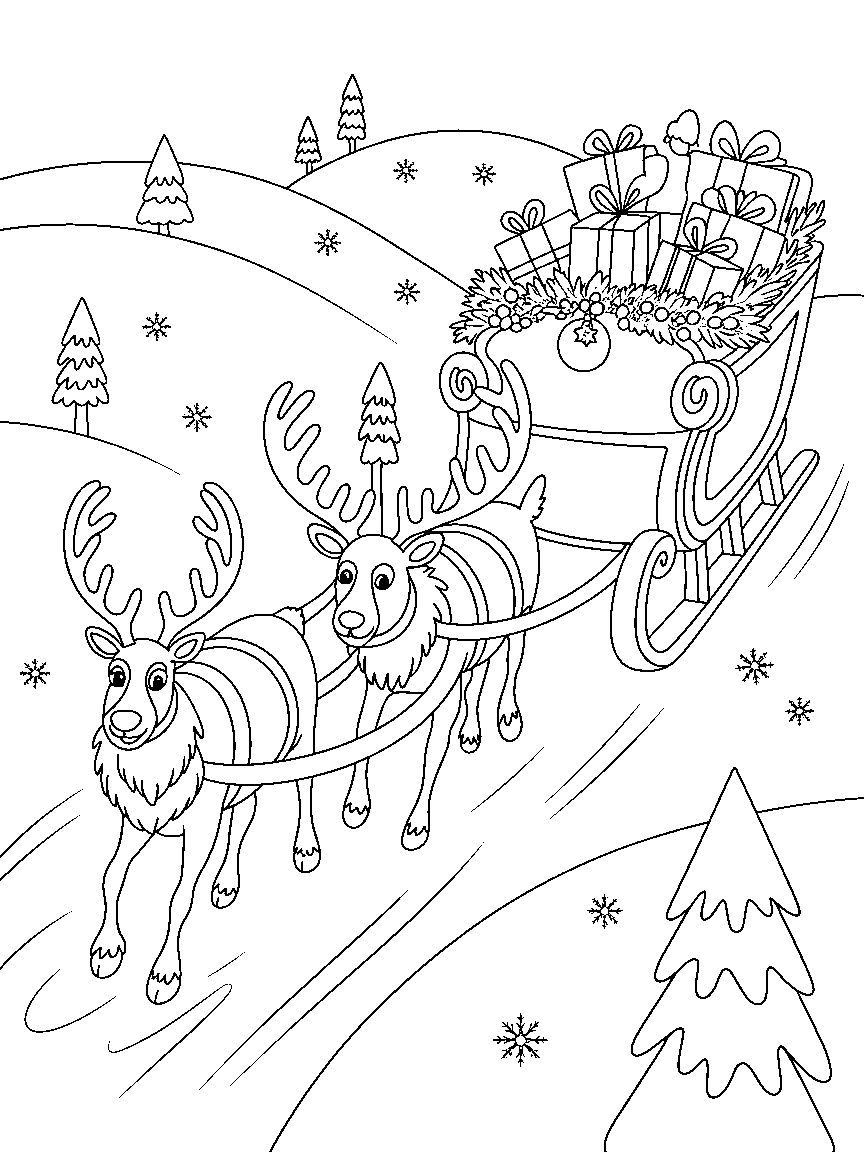 Reindeer pulling a loaded sleigh - a free printable christmas coloring page