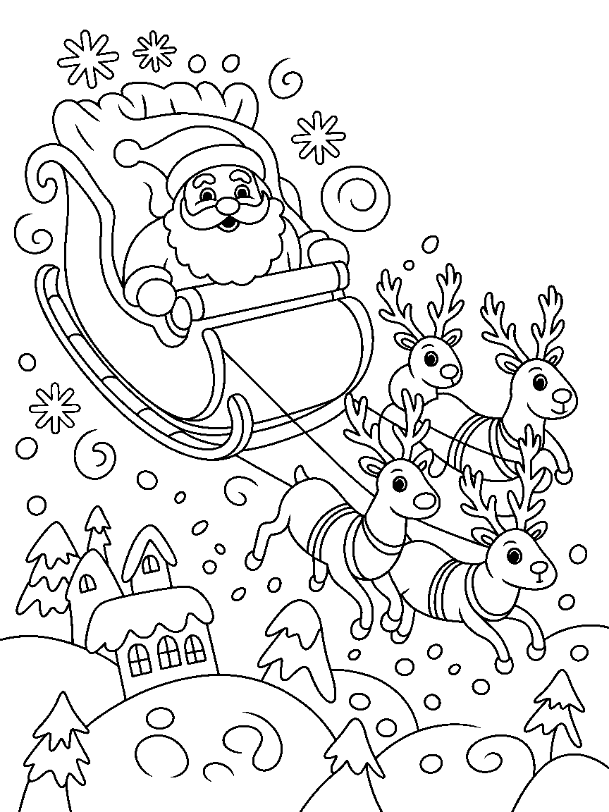 Santa in his sleigh above the rooftops - a free printable christmas coloring page