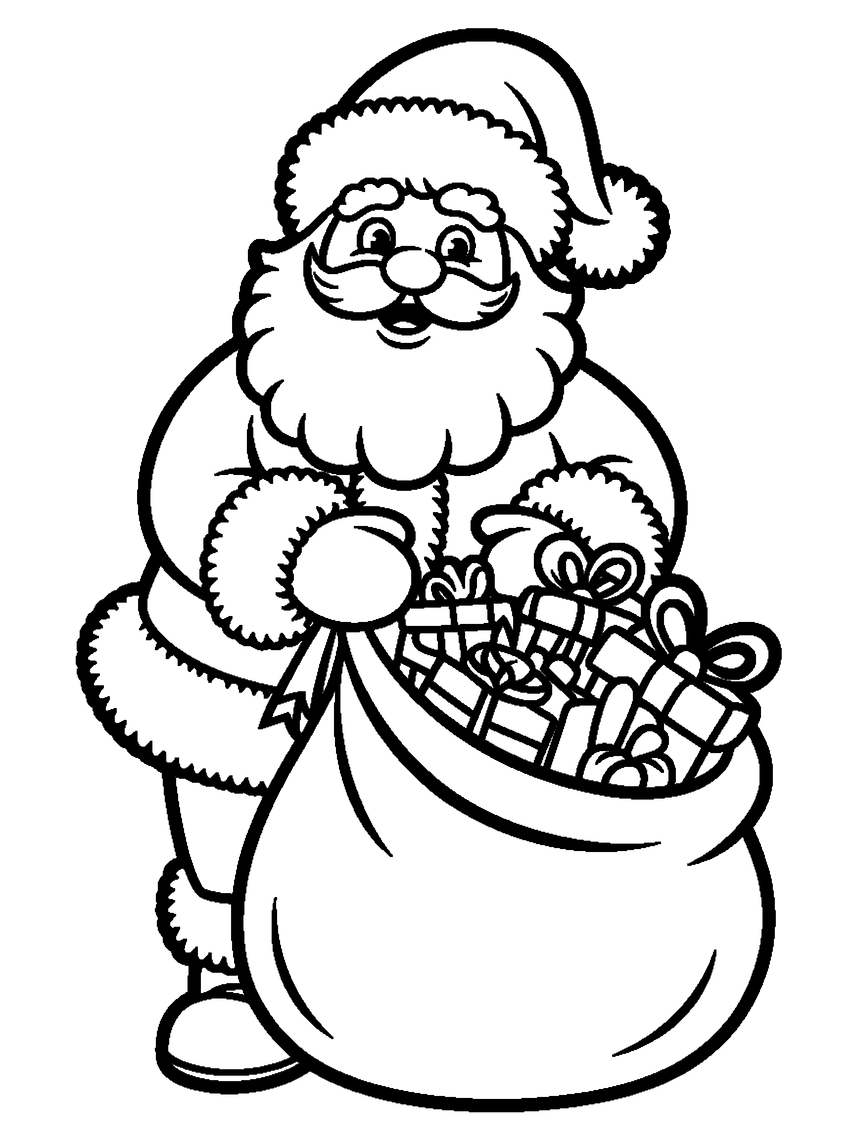 Santa with a big sack of presents - a free printable christmas coloring page