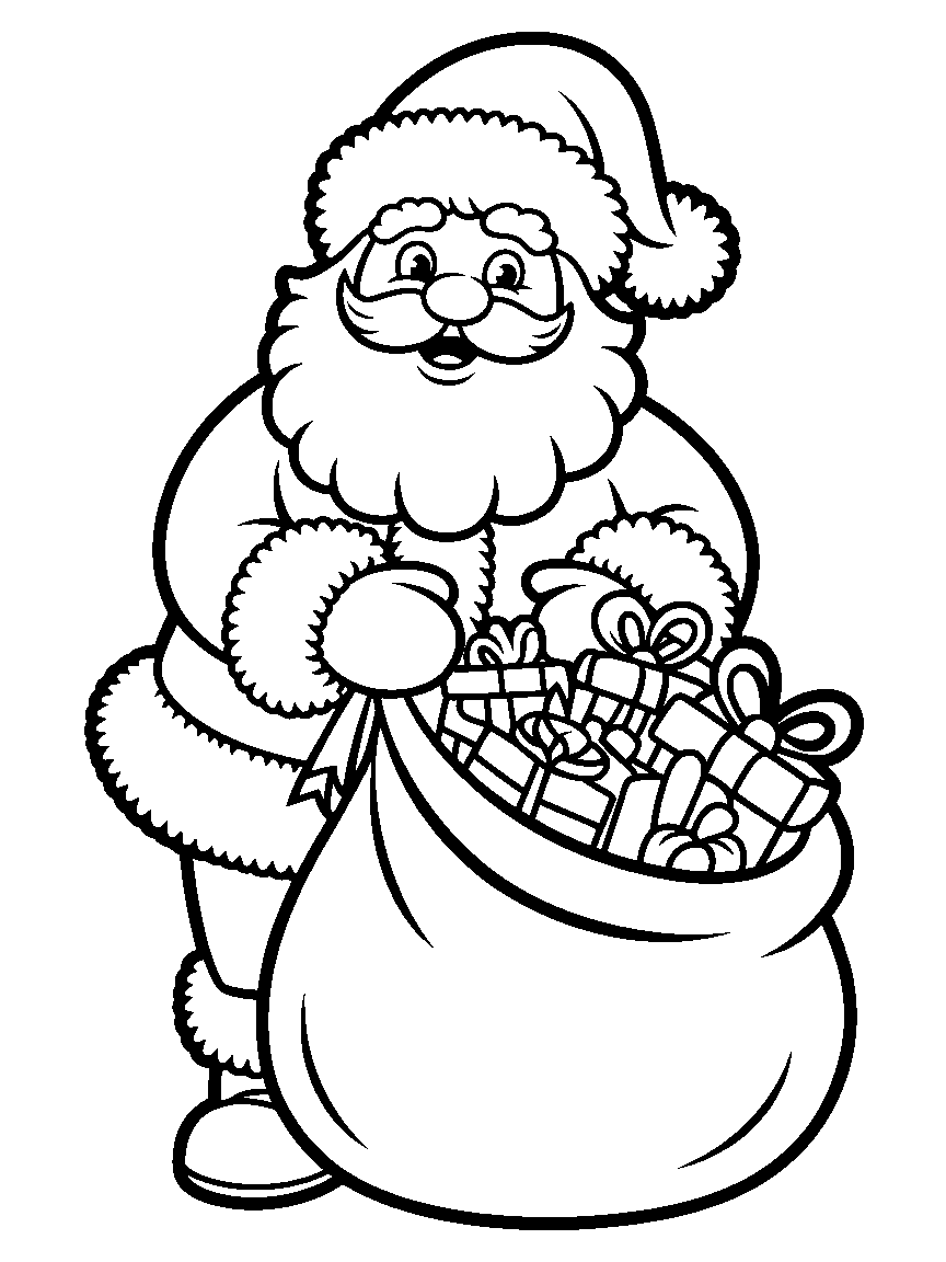 Santa with a big sack of presents - a free printable christmas coloring page