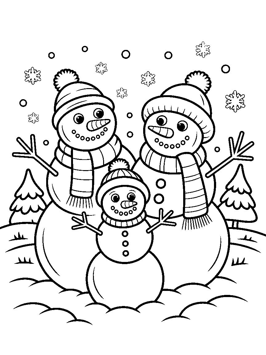 A snowman family in the falling snow - a free printable christmas coloring page