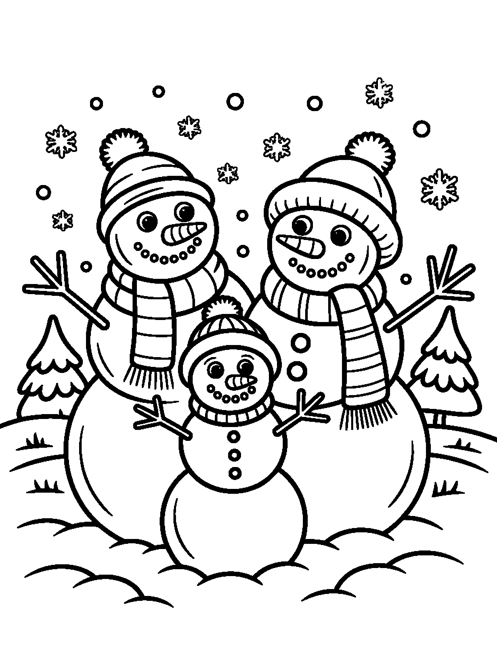 A snowman family in the falling snow - a free printable christmas coloring page