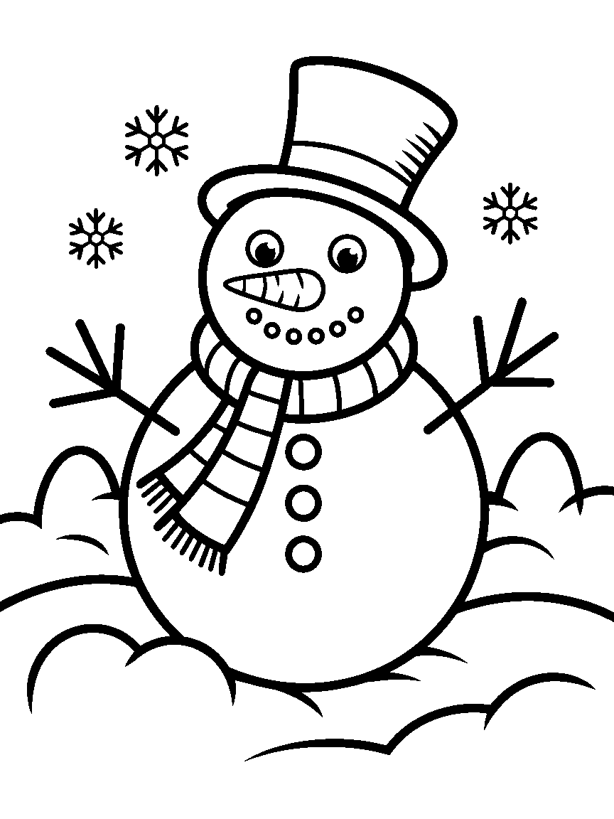 A snowman with a thick scarf and top hat - a free printable christmas coloring page
