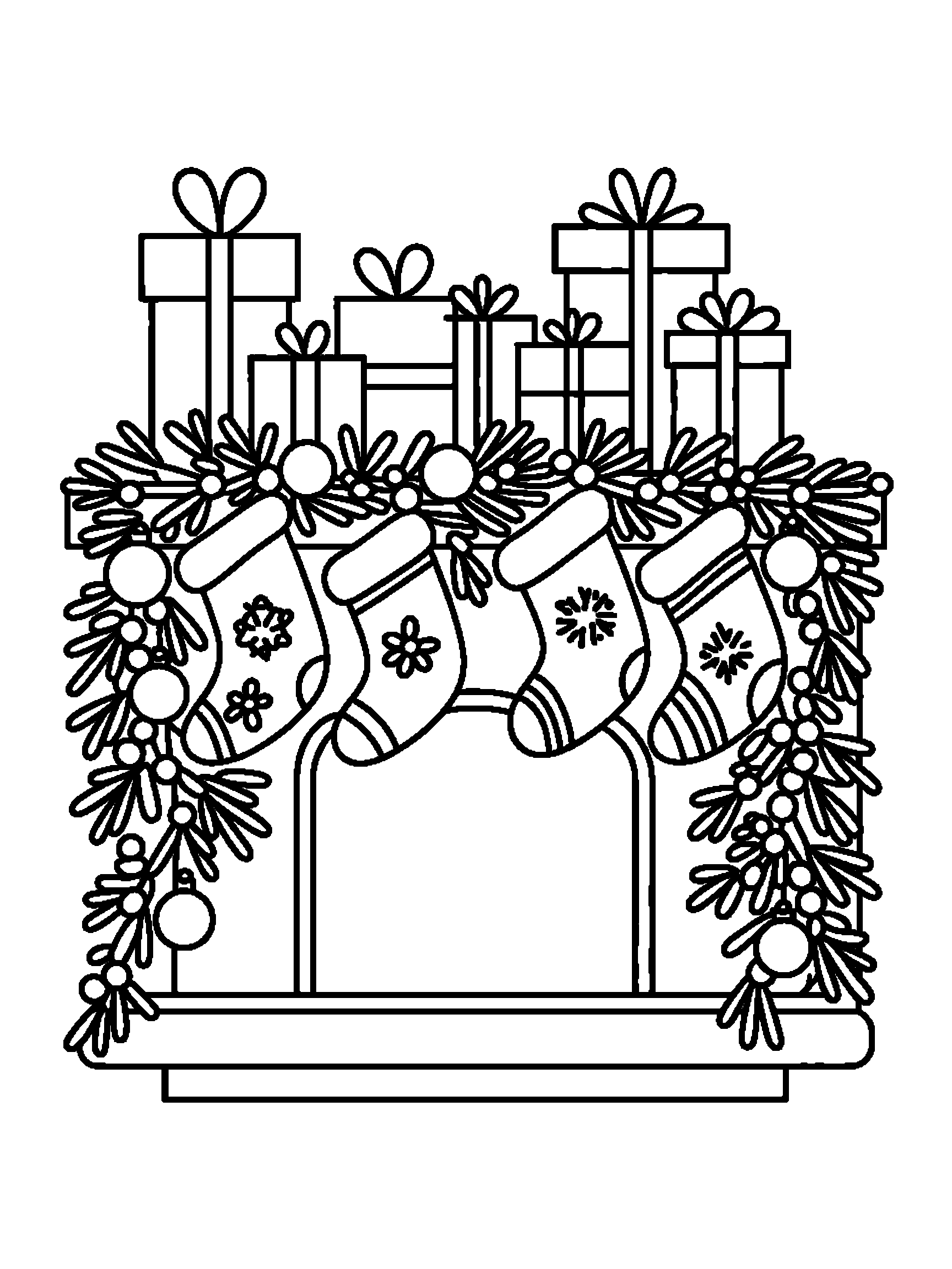 A fireplace with stockings, presents and a thick garland - a free printable christmas coloring page