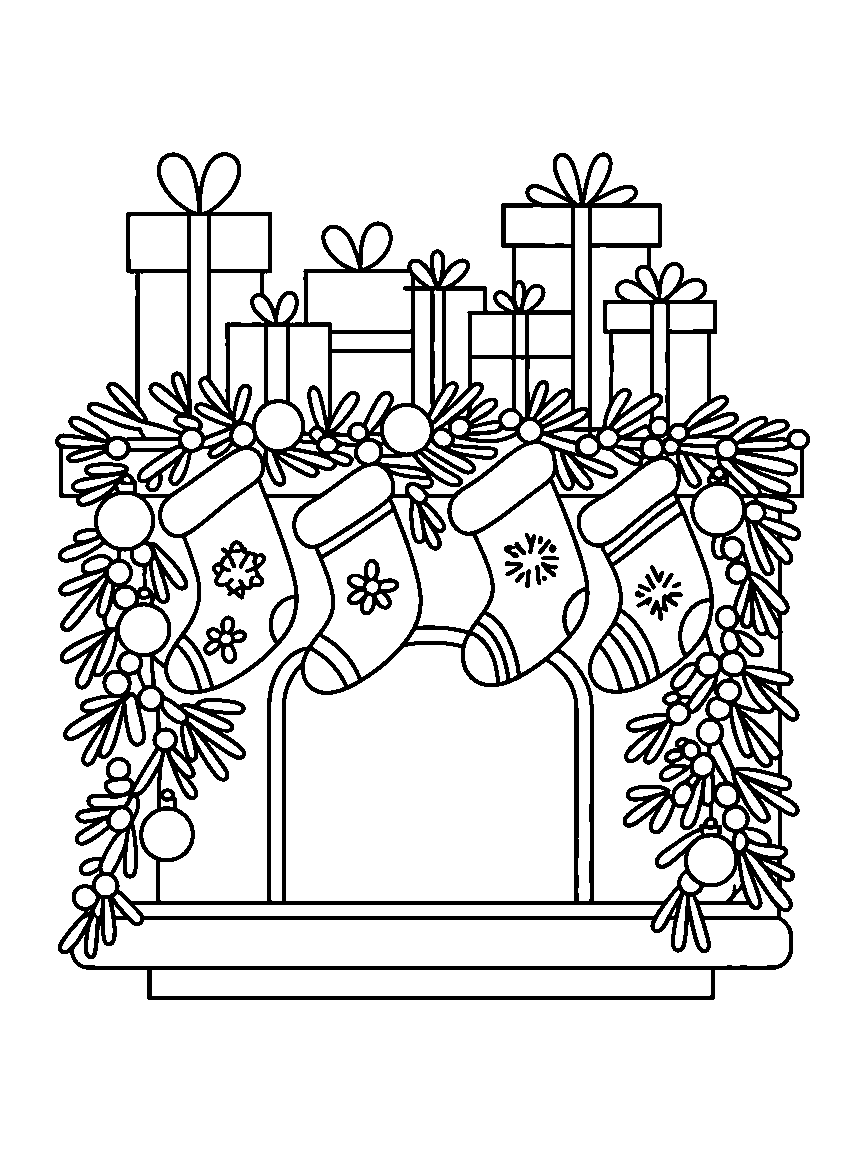 A fireplace with stockings, presents and a thick garland - a free printable christmas coloring page