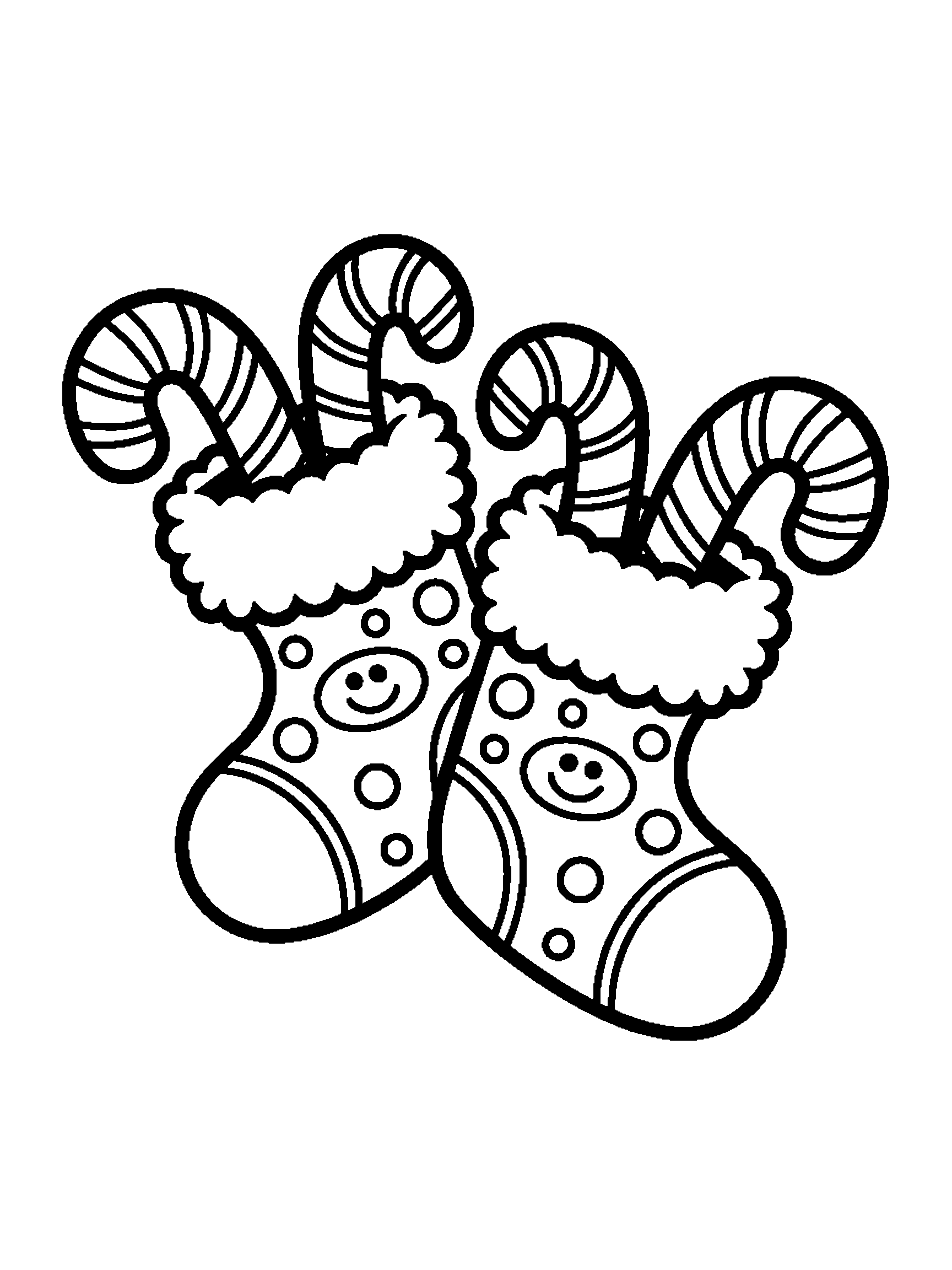 Two stockings with a candy cane in each - a free printable christmas coloring page