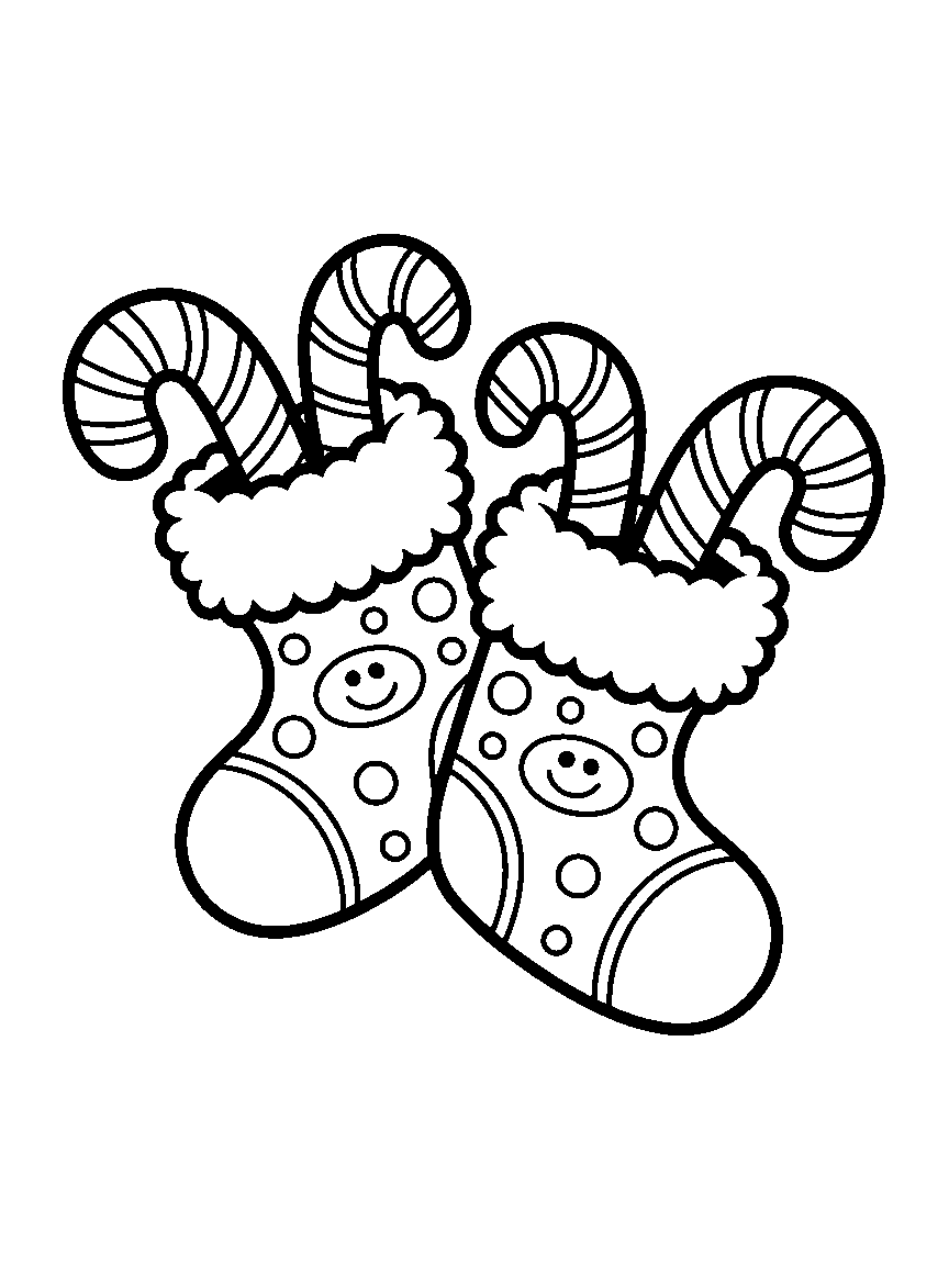 Two stockings with a candy cane in each - a free printable christmas coloring page