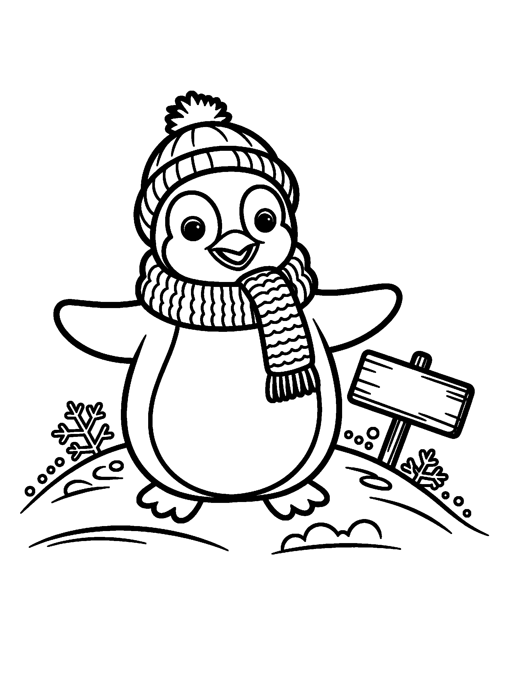 A baby penguin wearing a scarf and a hat - a free printable cute coloring page