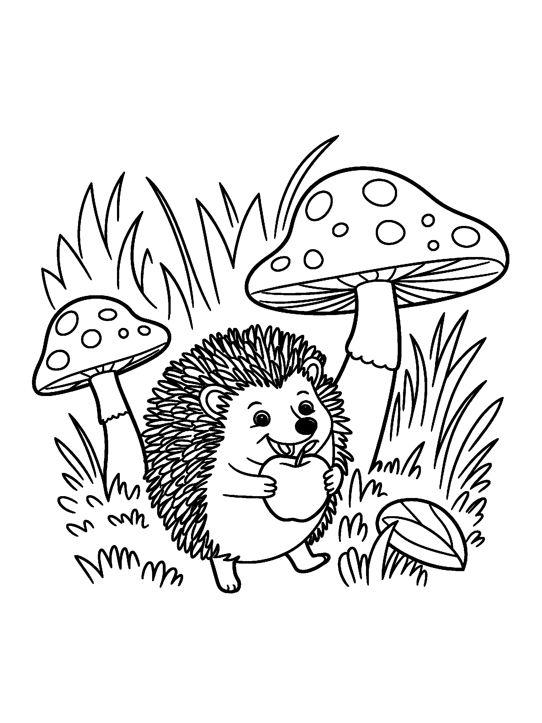 A hedgehog carrying an apple past two mushrooms - a free printable cute coloring page