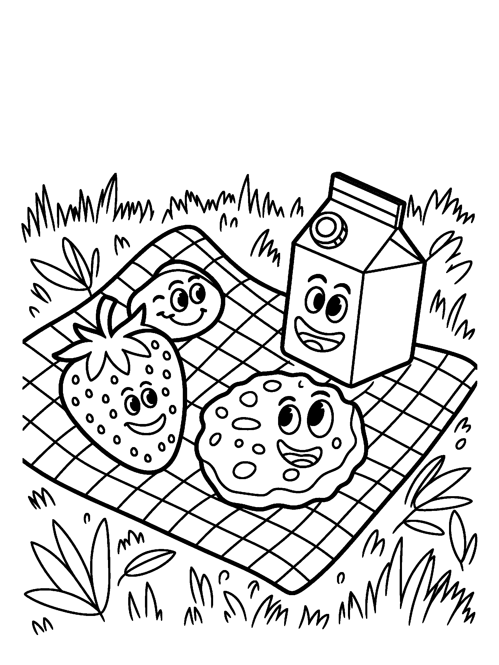 A smiling strawberry, a smiling cookie and a smiling milk carton on a picnic blanket - a free printable cute coloring page